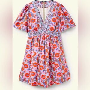 Boden Blue Floral V-Neck Contrast Detail Dress Dusty Blue Terrace Bud US 10L